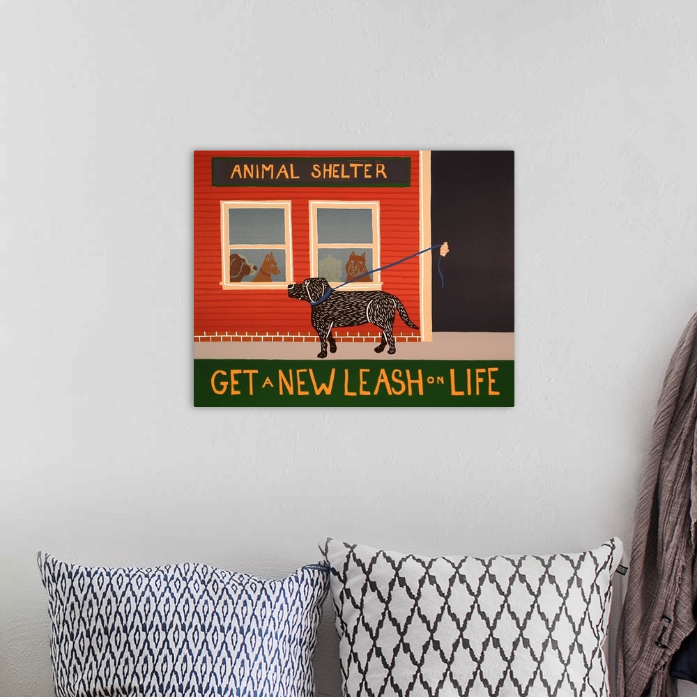 A bohemian room featuring Illustration of a black lab walking on its leash in front of an Animal Shelter with the phrase "G...
