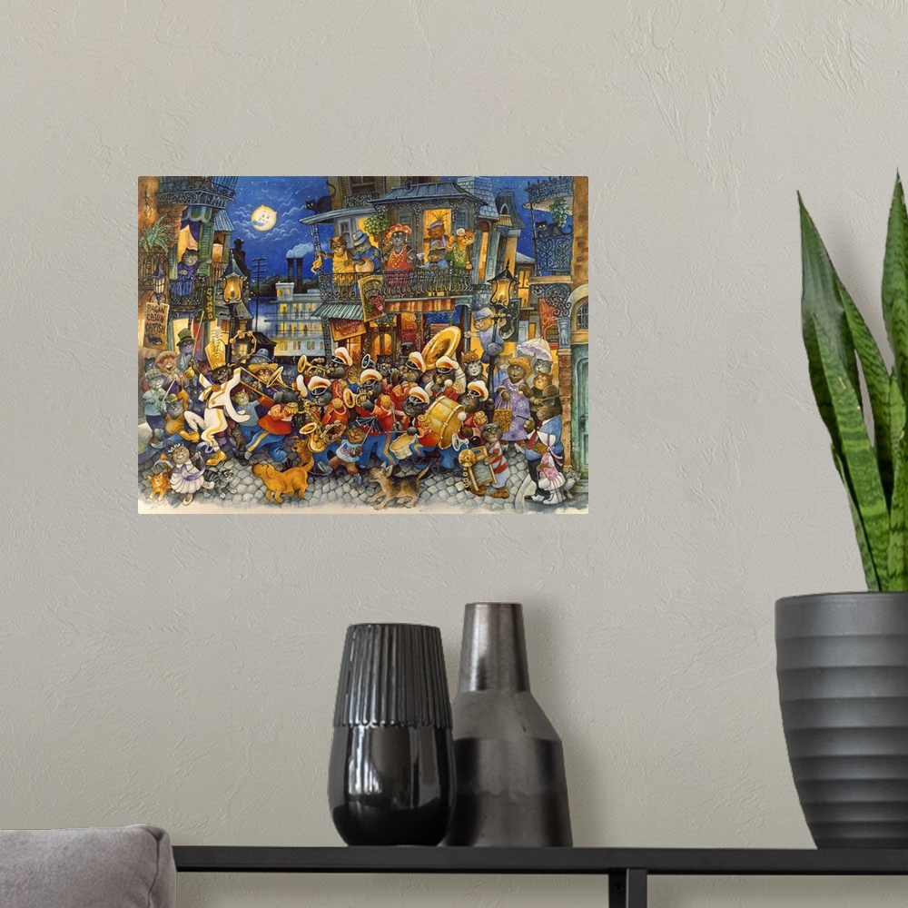A modern room featuring Cats parading in New Orleans.