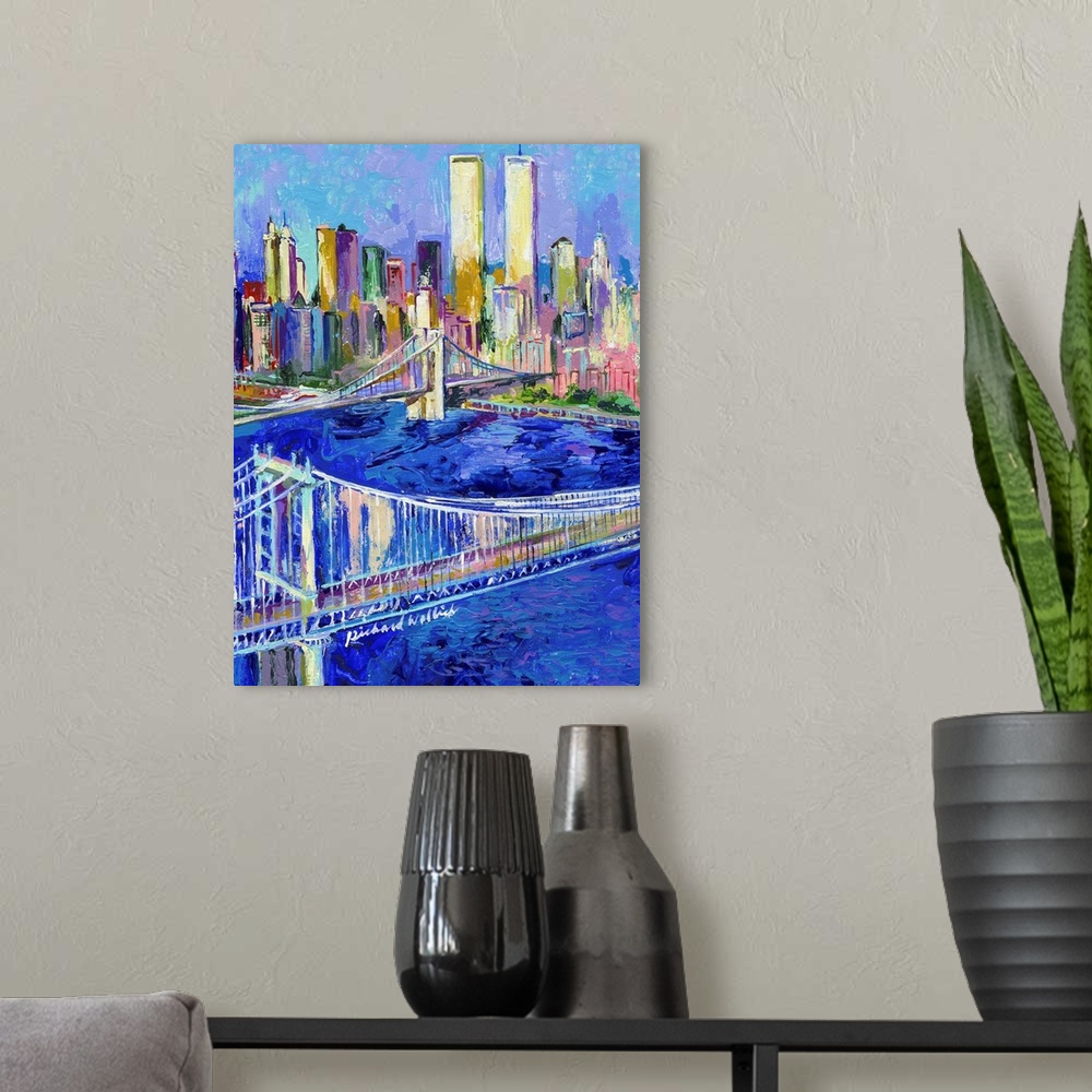 A modern room featuring View of the Manhattan bridge with the Manhattan skyline in the distance.