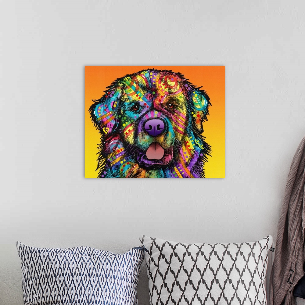 A bohemian room featuring Colorful illustration of a Saint Bernard covered in abstract designs on an orange to yellow gradi...