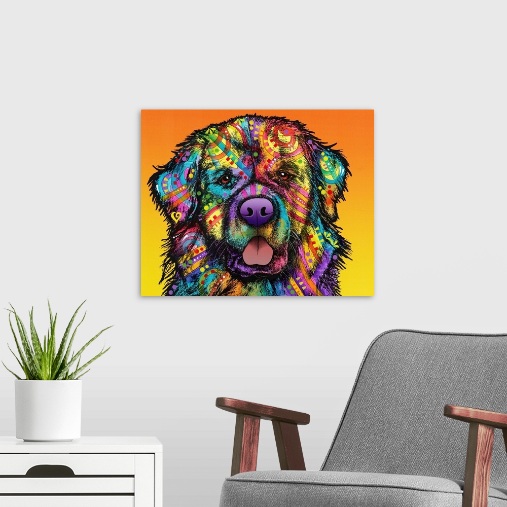 A modern room featuring Colorful illustration of a Saint Bernard covered in abstract designs on an orange to yellow gradi...