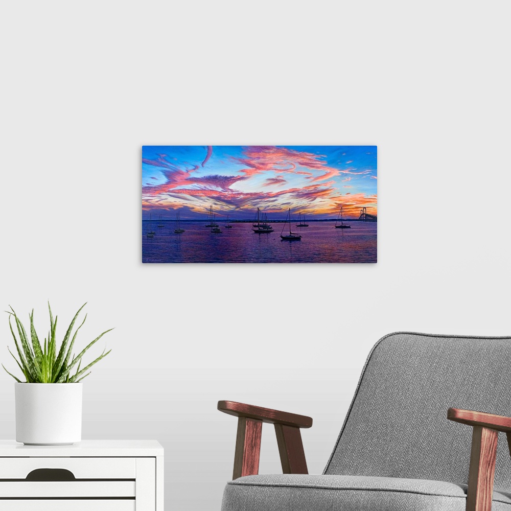 A modern room featuring Contemporary artwork of boats in harbor overlooking the sunset.