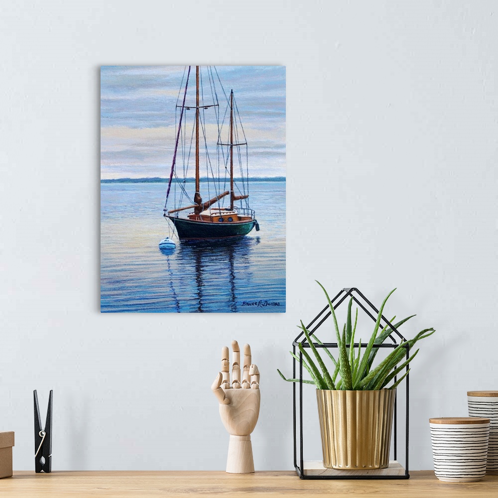 A bohemian room featuring Contemporary artwork of a sailboat.