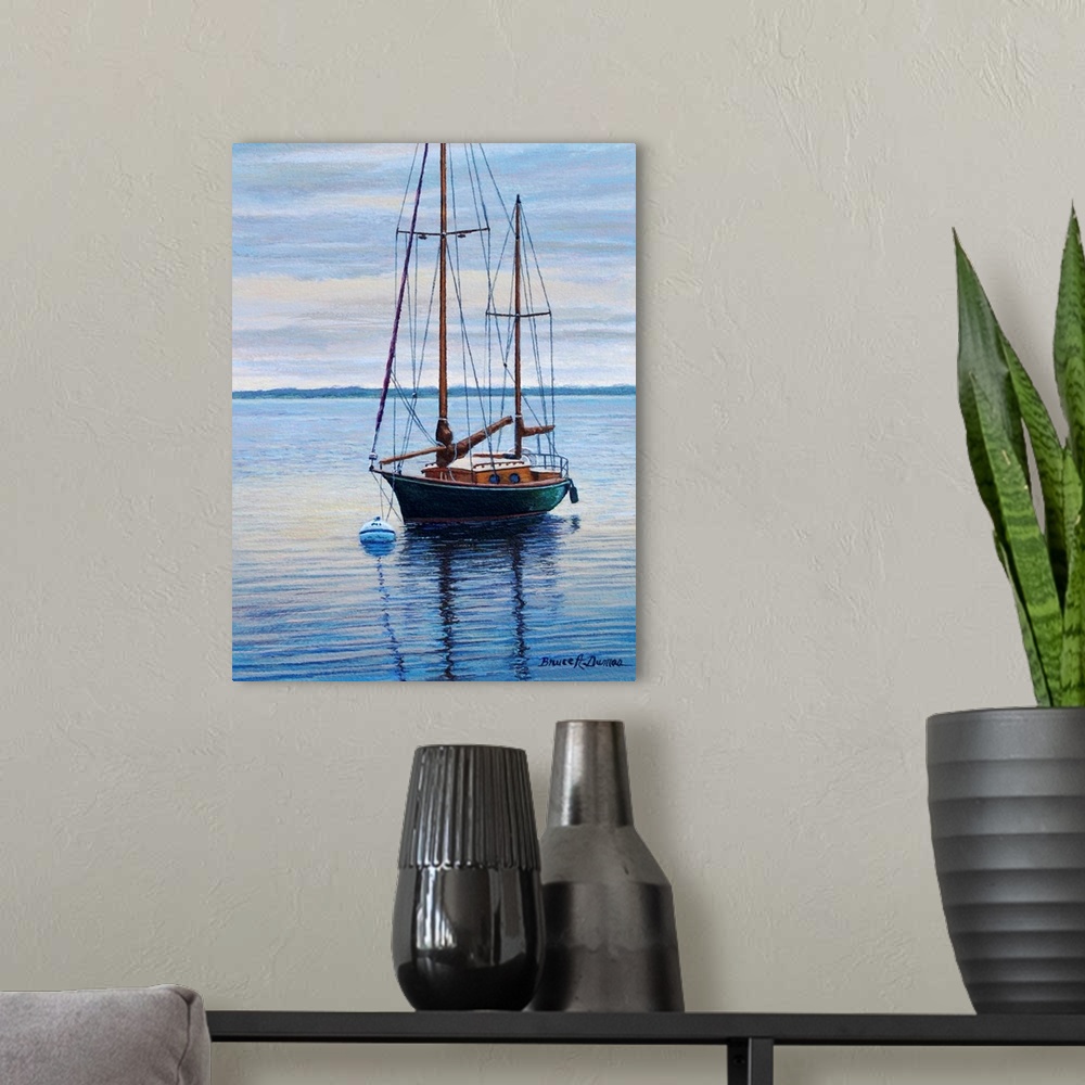A modern room featuring Contemporary artwork of a sailboat.