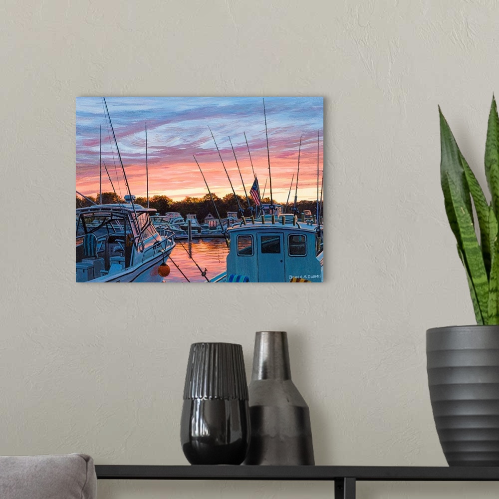 A modern room featuring Contemporary painting of a harbor at sunset.