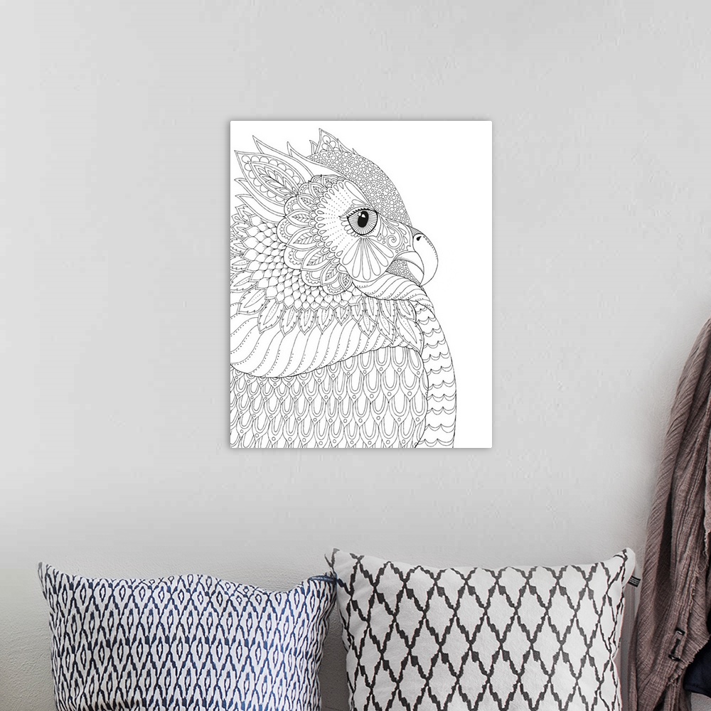A bohemian room featuring Black and white line art of a side view of an owl made with unique designs.