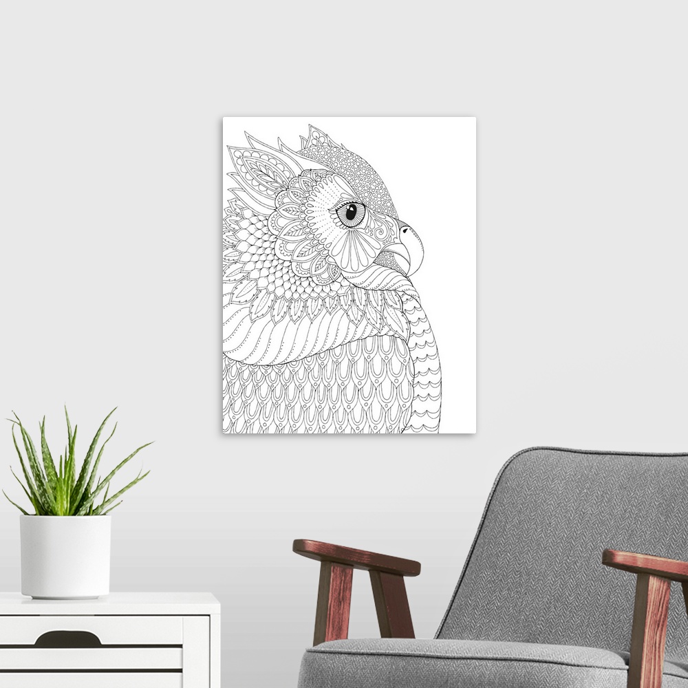 A modern room featuring Black and white line art of a side view of an owl made with unique designs.