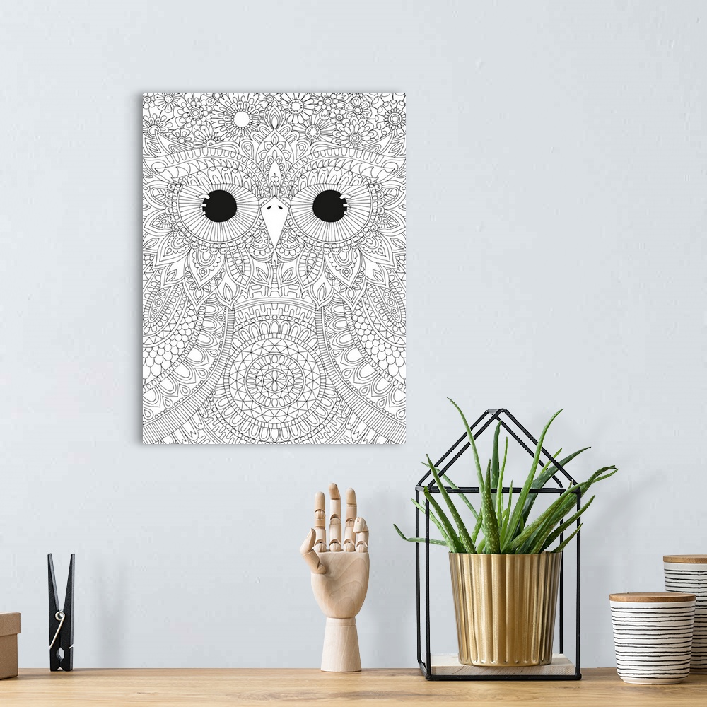 A bohemian room featuring Black and white intricate line art of a close-up owl face with big eyes.