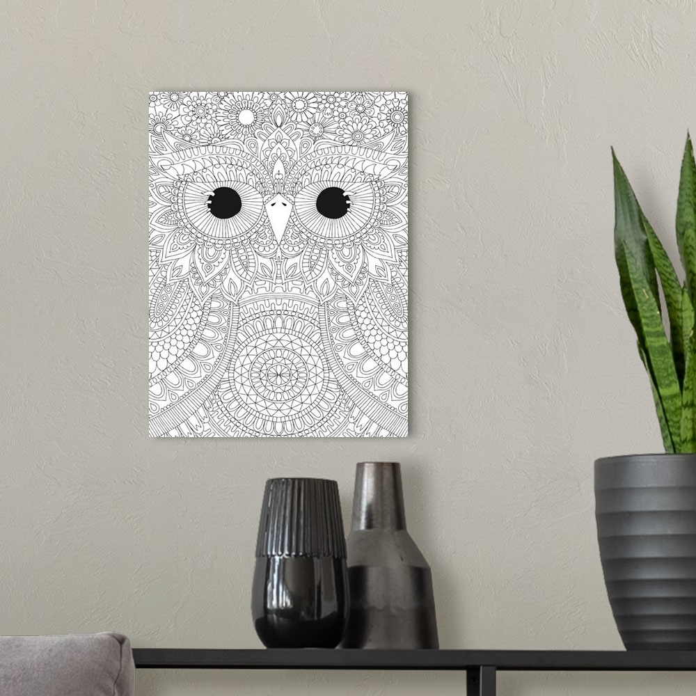 A modern room featuring Black and white intricate line art of a close-up owl face with big eyes.