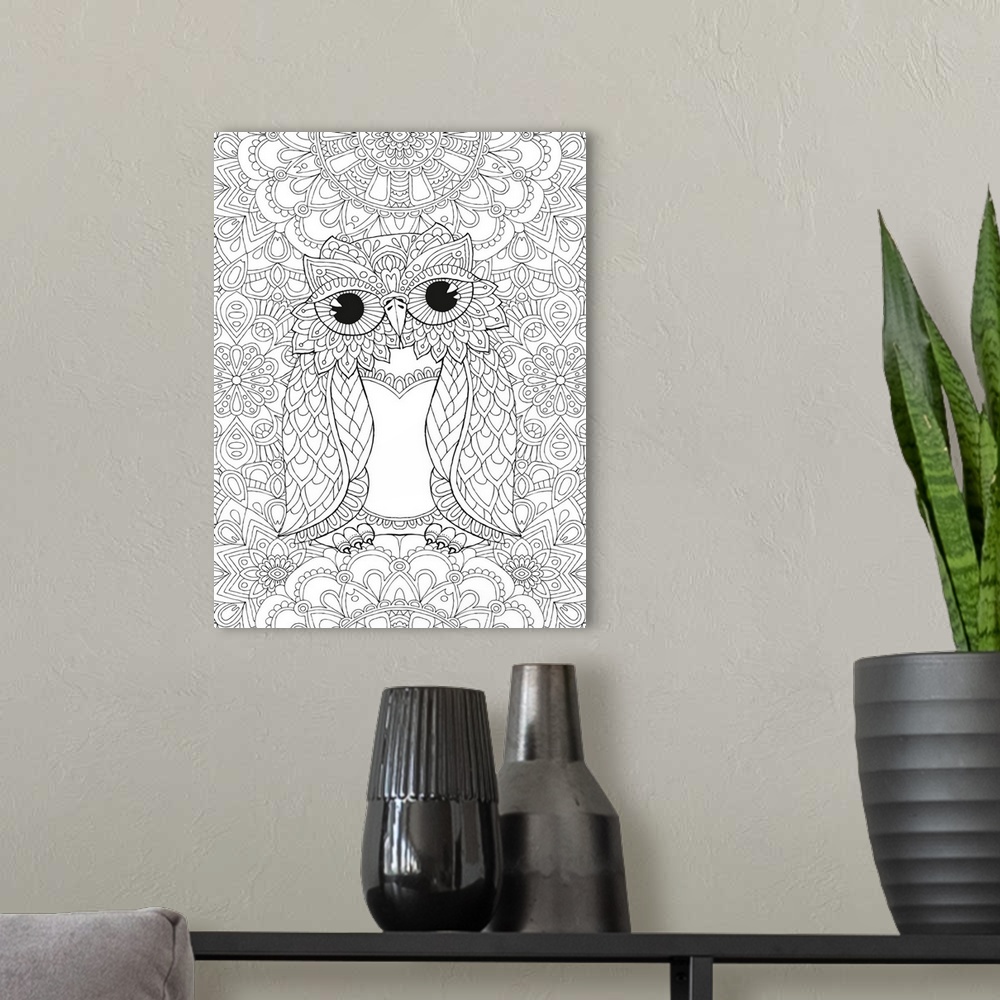A modern room featuring Black and white line art of a decorative owl on a busy, intricately designed background.