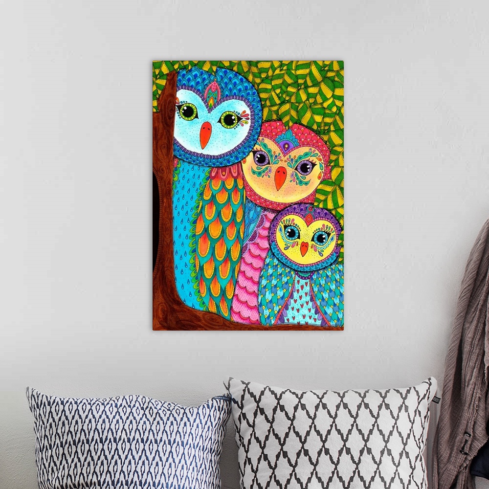 A bohemian room featuring Colorful illustration of uniquely designed owls in a tree with a yellow and green leaf patterned ...