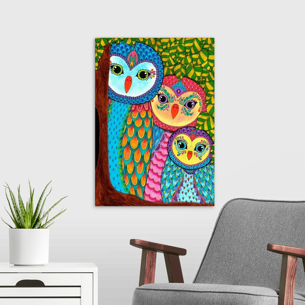 A modern room featuring Colorful illustration of uniquely designed owls in a tree with a yellow and green leaf patterned ...