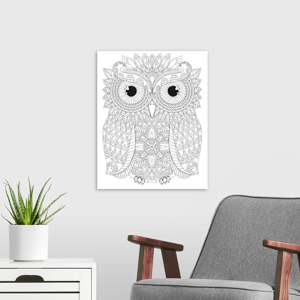 A modern room featuring Black and white line art of an intricately designed owl.