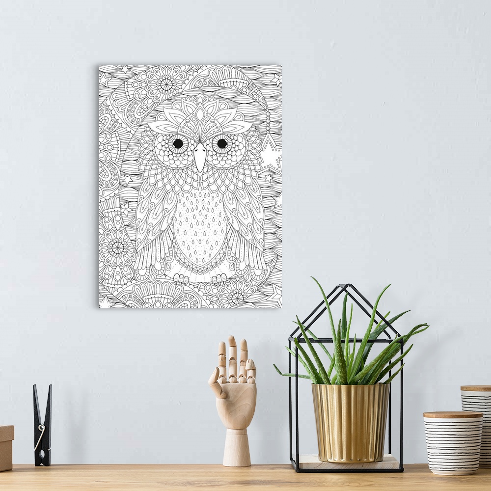 A bohemian room featuring Black and white line art of an owl perched on a uniquely designed crescent moon