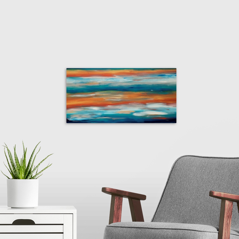 A modern room featuring Contemporary abstract painting in blue and orange, resembling the evening sky.