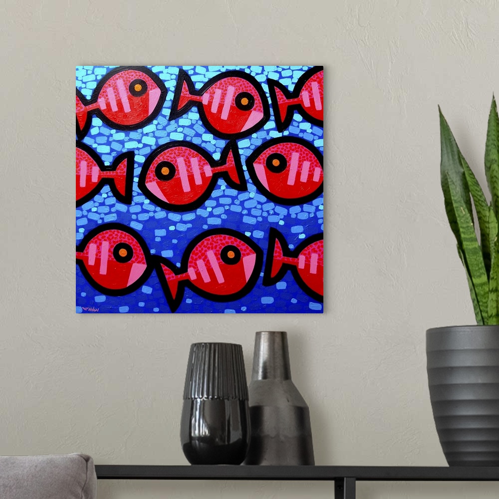 A modern room featuring Nine Happy Fish