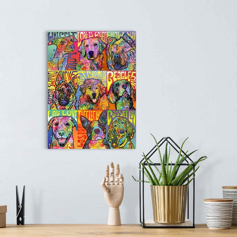 A bohemian room featuring Pop art style painting of nine dogs in a  grid filled with color.