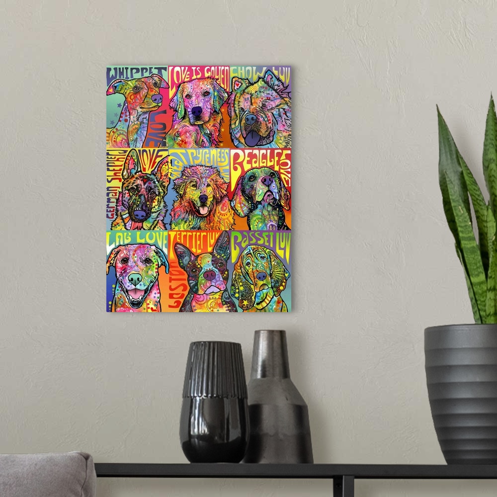 A modern room featuring Pop art style painting of nine dogs in a  grid filled with color.