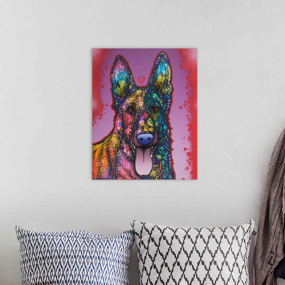 A bohemian room featuring Illustration of a German Shepard dog with different colors and shaped designs on a purple and red...