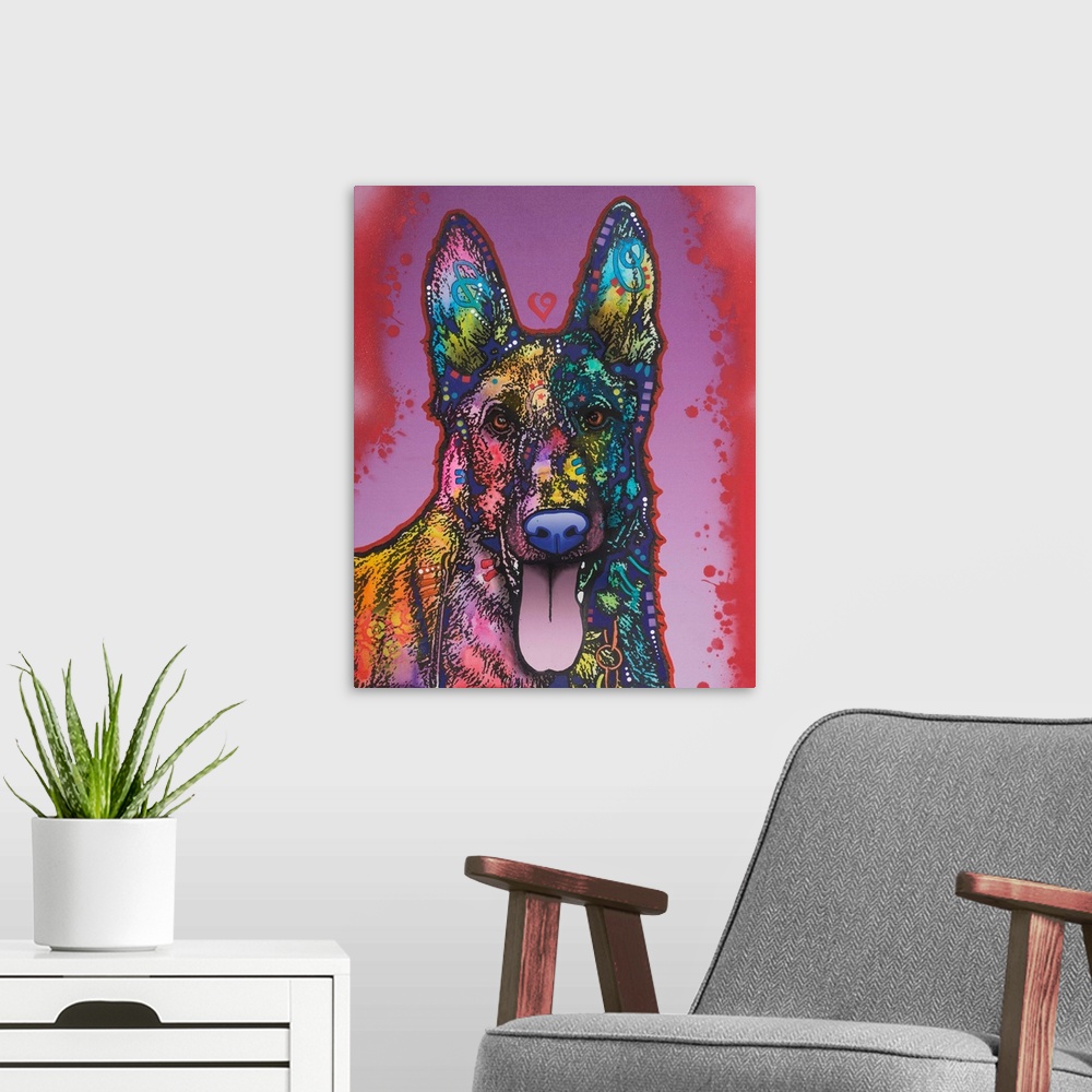 A modern room featuring Illustration of a German Shepard dog with different colors and shaped designs on a purple and red...