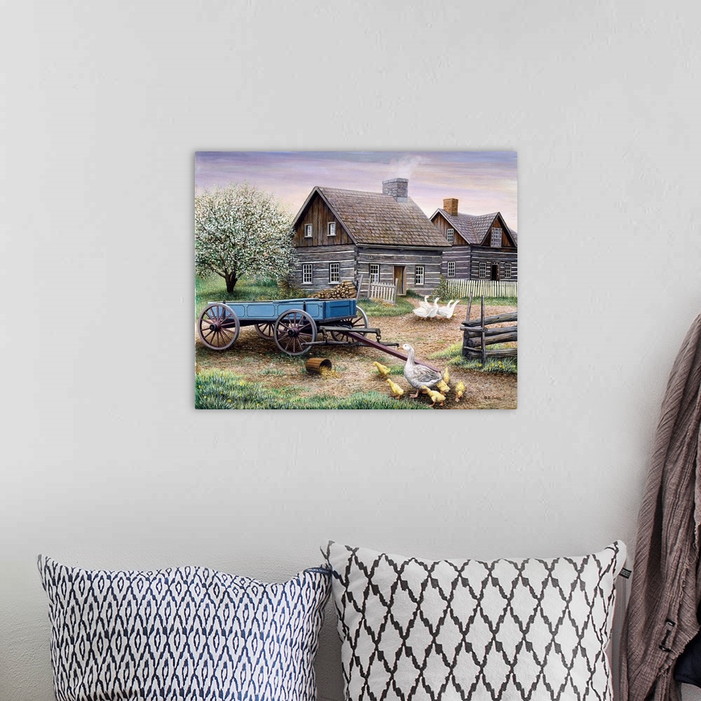 A bohemian room featuring Contemporary artwork of a geese and goslings in front of a barn.