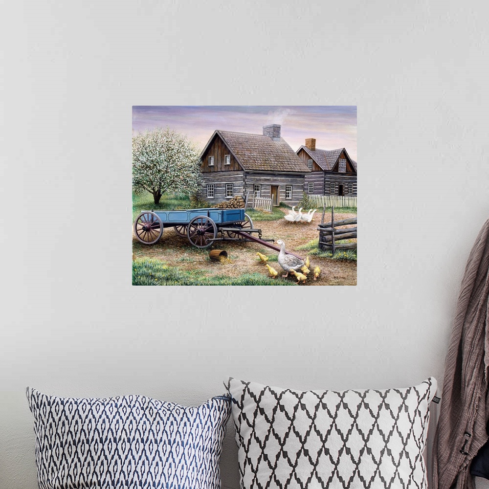 A bohemian room featuring Contemporary artwork of a geese and goslings in front of a barn.