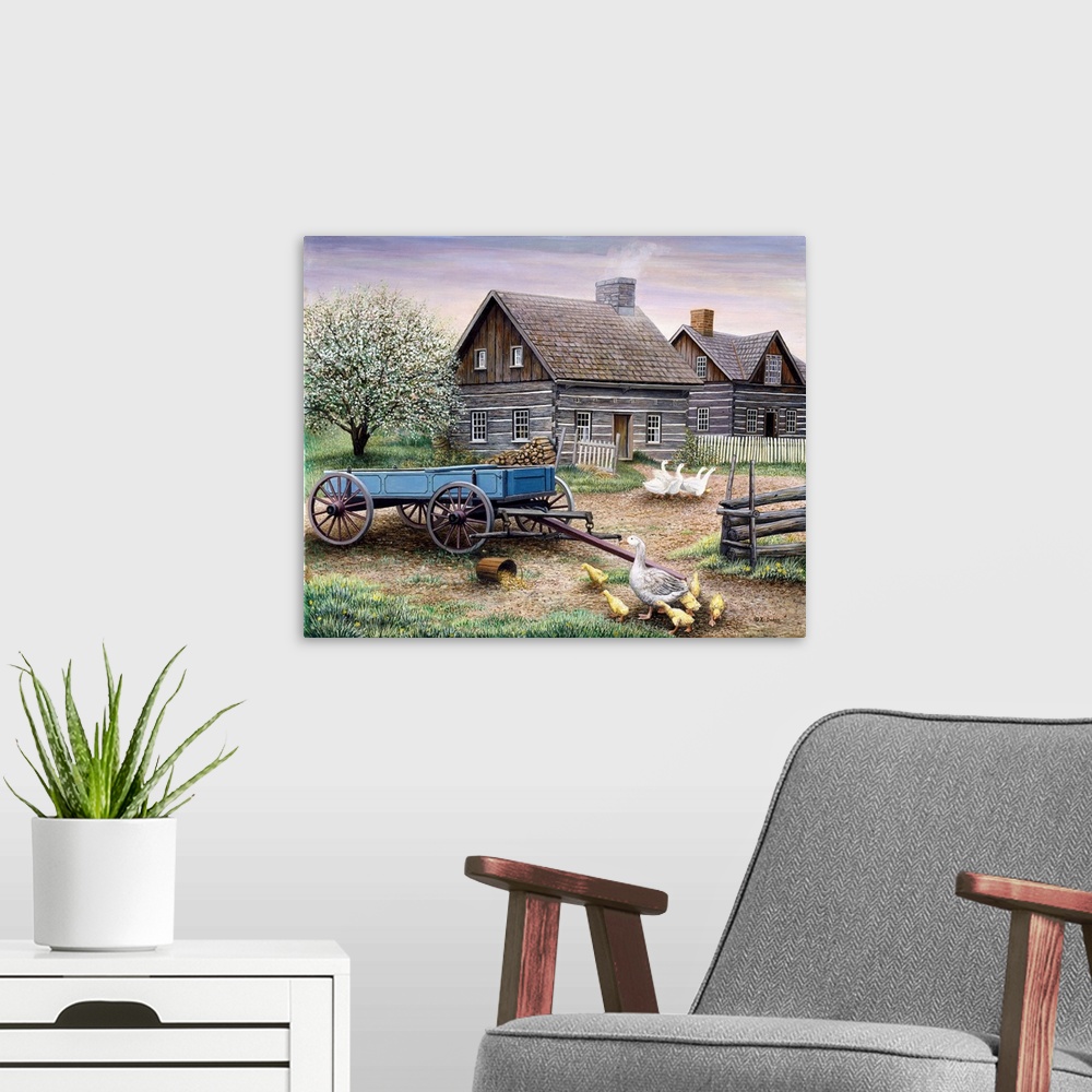 A modern room featuring Contemporary artwork of a geese and goslings in front of a barn.