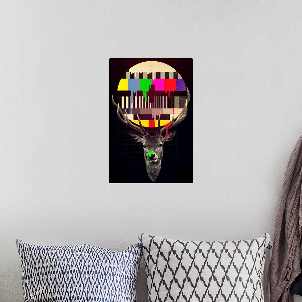A bohemian room featuring Pop art of a deer with a television color test pattern dripping painting in its antlers.