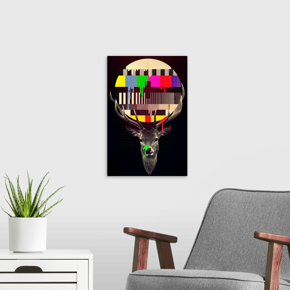 A modern room featuring Pop art of a deer with a television color test pattern dripping painting in its antlers.