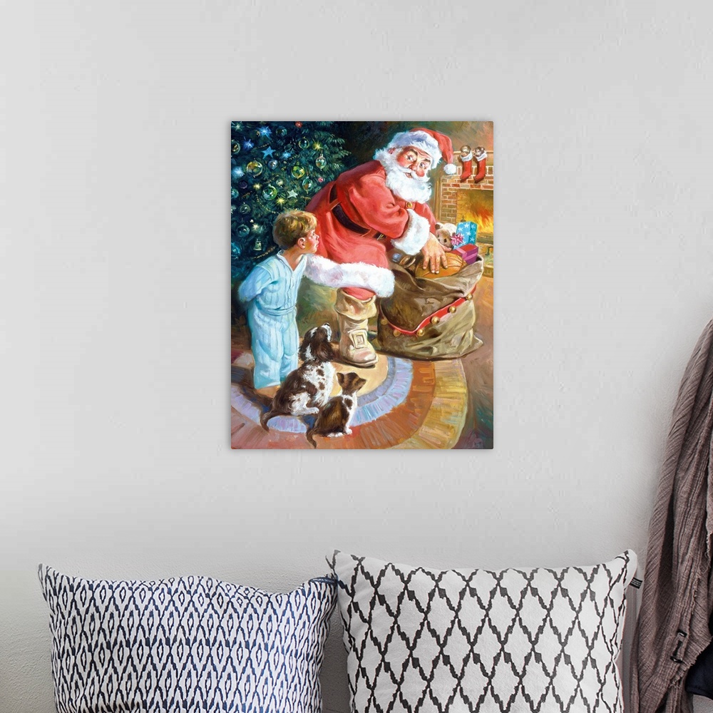 A bohemian room featuring Little boy, puppy, and kitten watching Santa in his bag.
