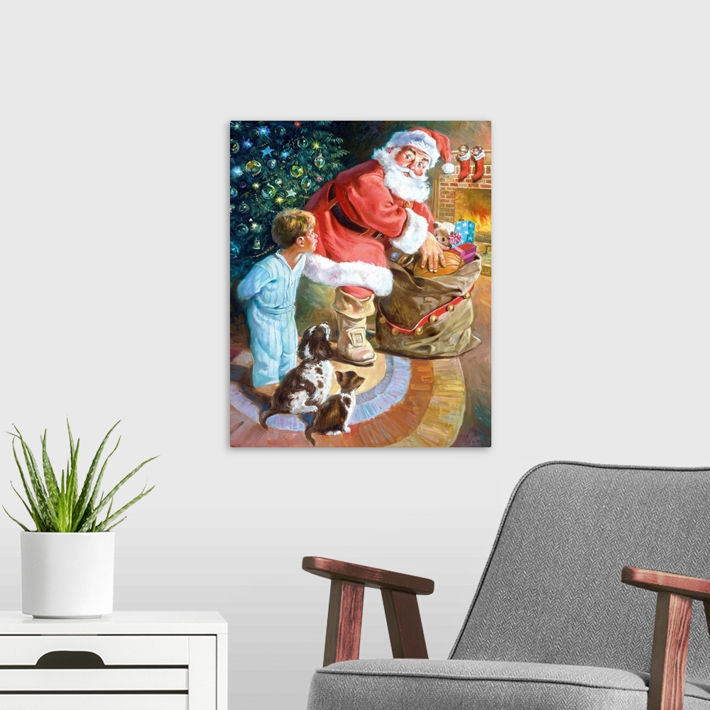 A modern room featuring Little boy, puppy, and kitten watching Santa in his bag.
