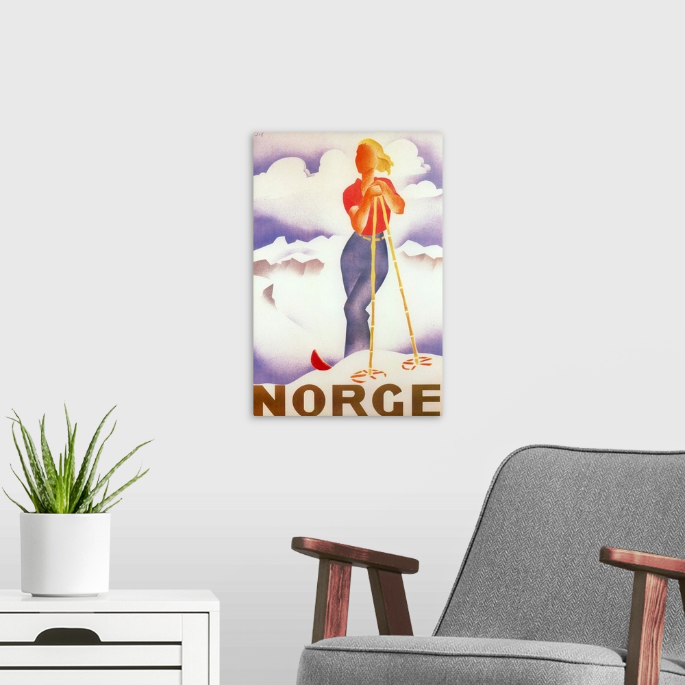 A modern room featuring Vintage poster advertisement for Norge.