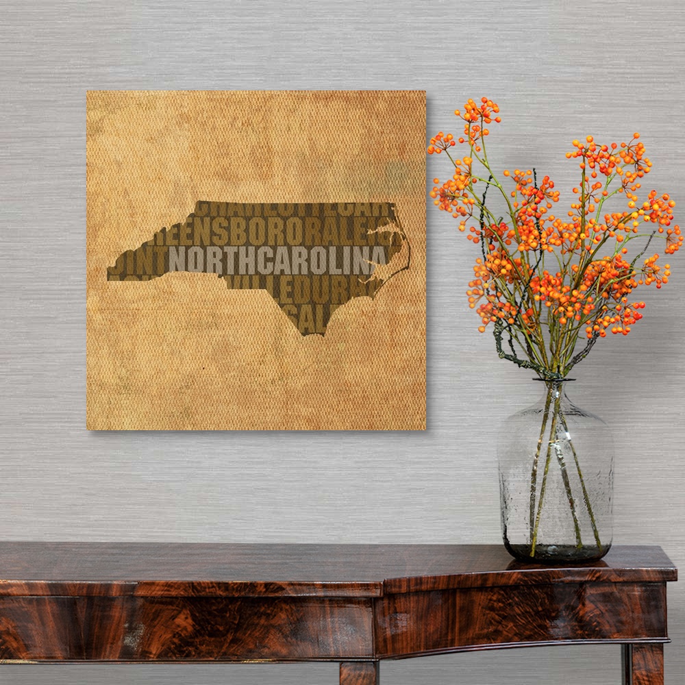 A traditional room featuring Contemporary typography art map of the state outline of North Carolina.