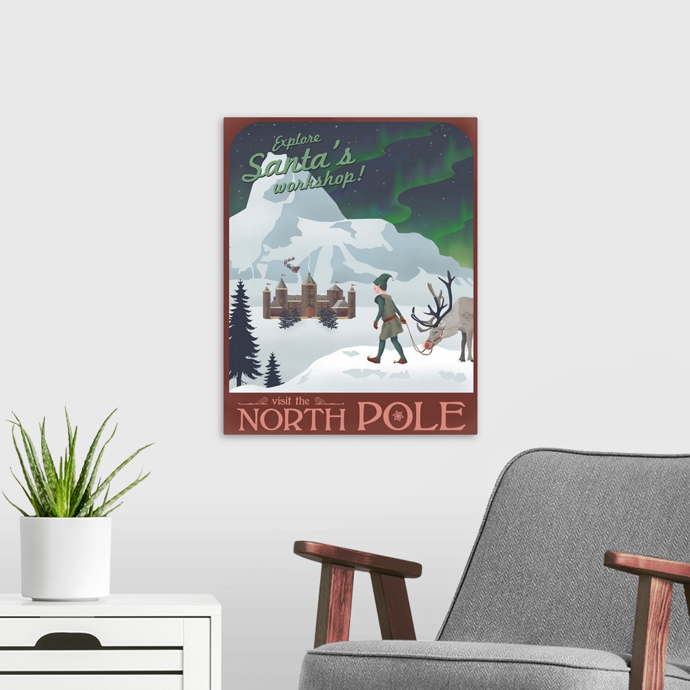 A modern room featuring Retro minimalist travel poster.
