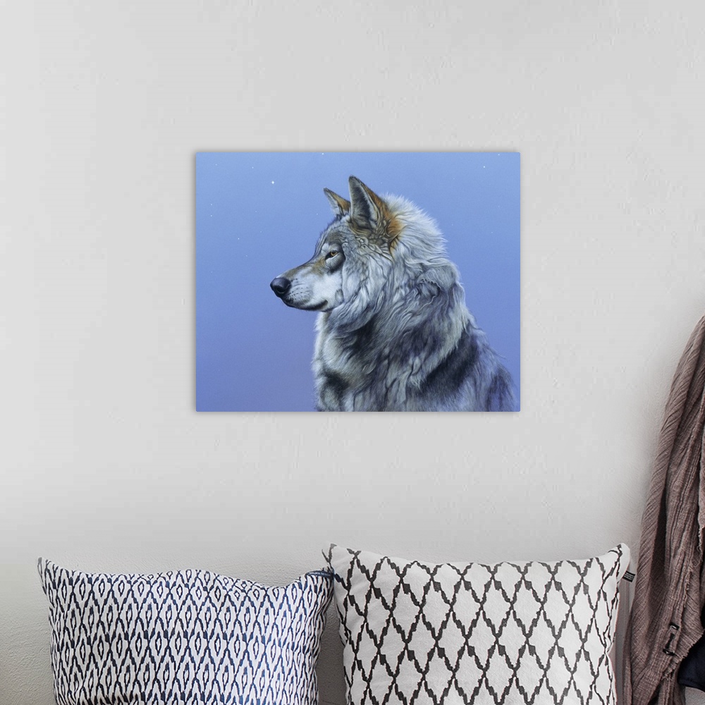 A bohemian room featuring Portrait of a majestic wolf.