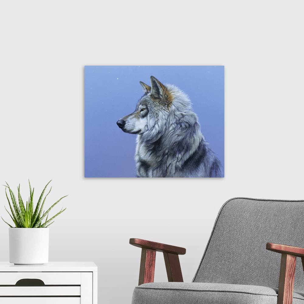 A modern room featuring Portrait of a majestic wolf.