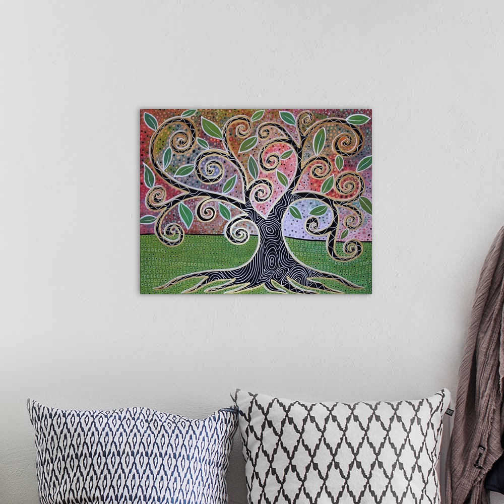 A bohemian room featuring Contemporary painting of a tree with swirling branches and broad leaves, with a patterned trunk.