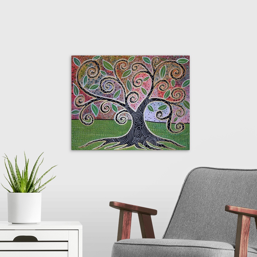 A modern room featuring Contemporary painting of a tree with swirling branches and broad leaves, with a patterned trunk.