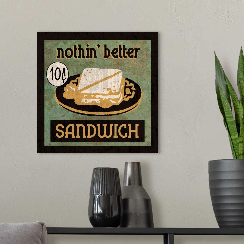 A modern room featuring Vintage style sign for a delicious sandwich.