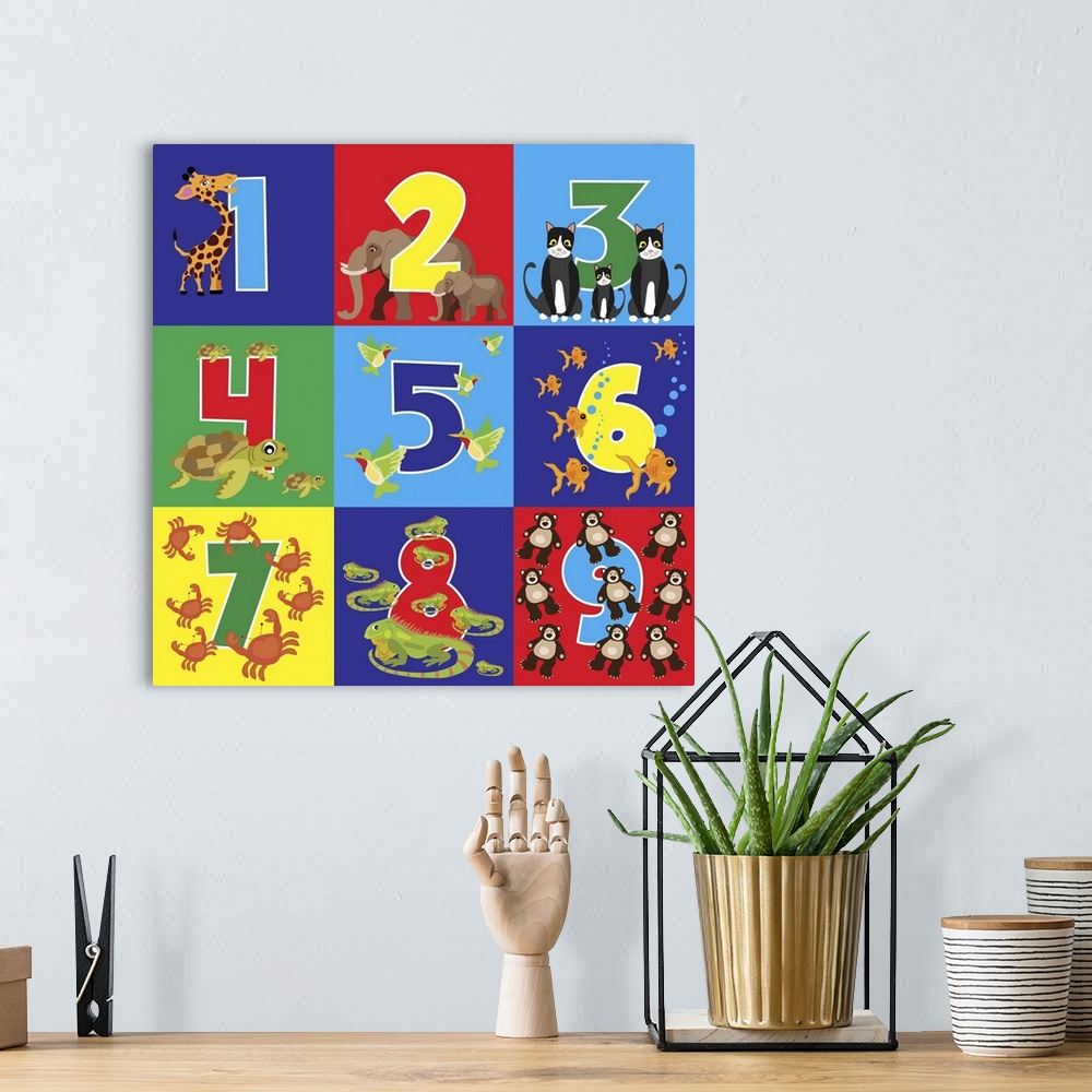 A bohemian room featuring Children's numbers with cute animals for each digit.
