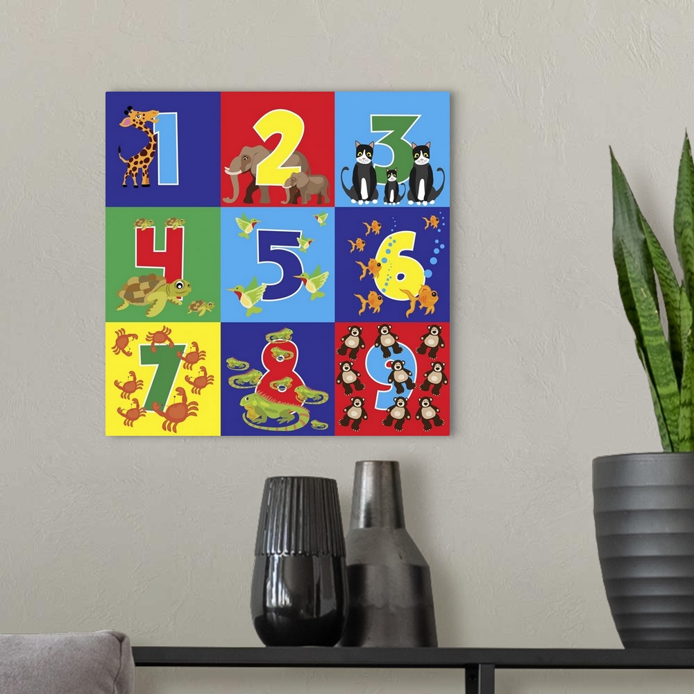 A modern room featuring Children's numbers with cute animals for each digit.