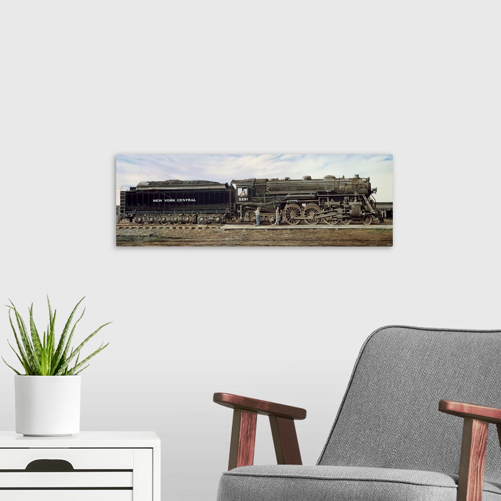 A modern room featuring Contemporary painting of a train engine fueling and getting ready to move out.