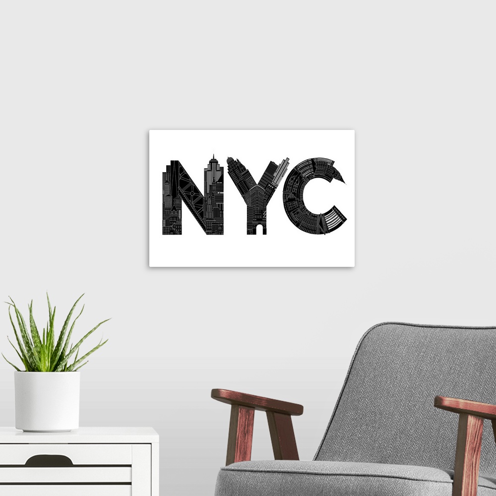 A modern room featuring Typography art of the letters NYC made of architectural structures.