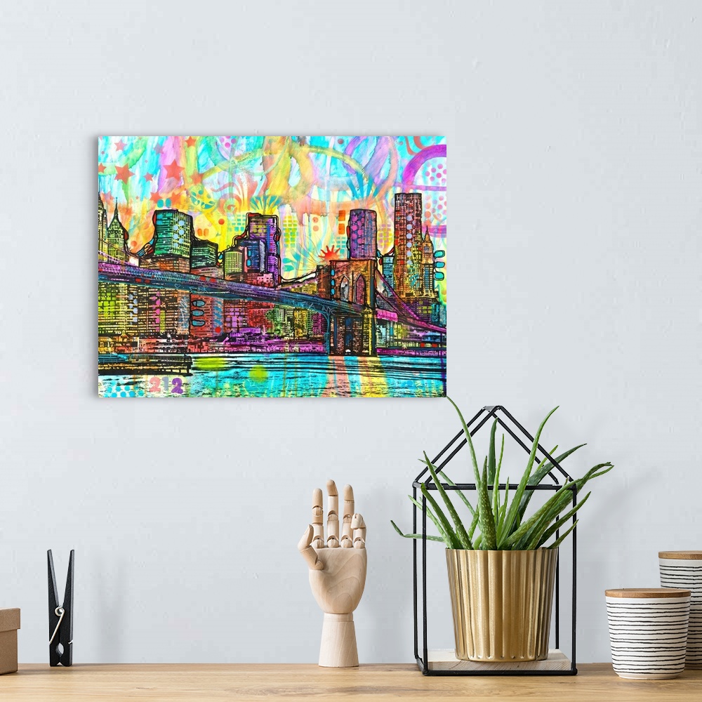 A bohemian room featuring Colorful illustration of the New York City skyline with the Brooklyn Bridge in the foreground, su...