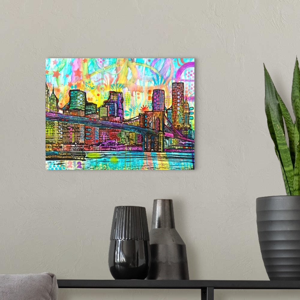 A modern room featuring Colorful illustration of the New York City skyline with the Brooklyn Bridge in the foreground, su...