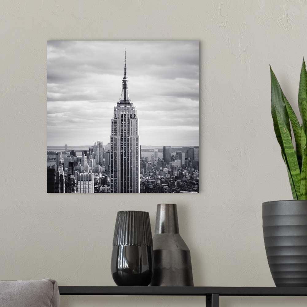 A modern room featuring NYC Empire state building, black and white photographyNew York