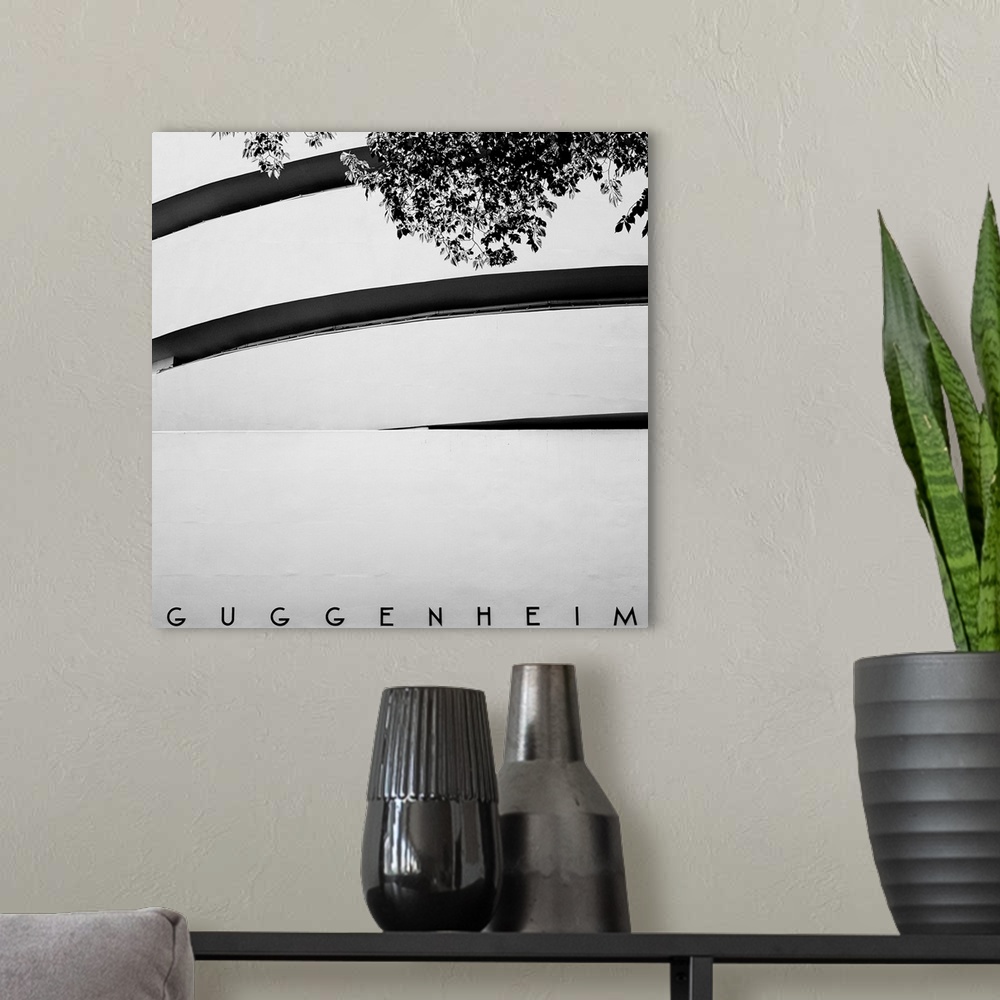 A modern room featuring NYC Guggenheim, black and white photographyNew York