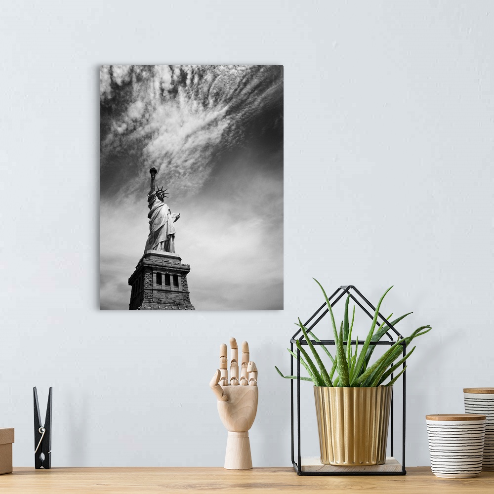 A bohemian room featuring NYC Miss Liberty, black and white photographystatue of liberty