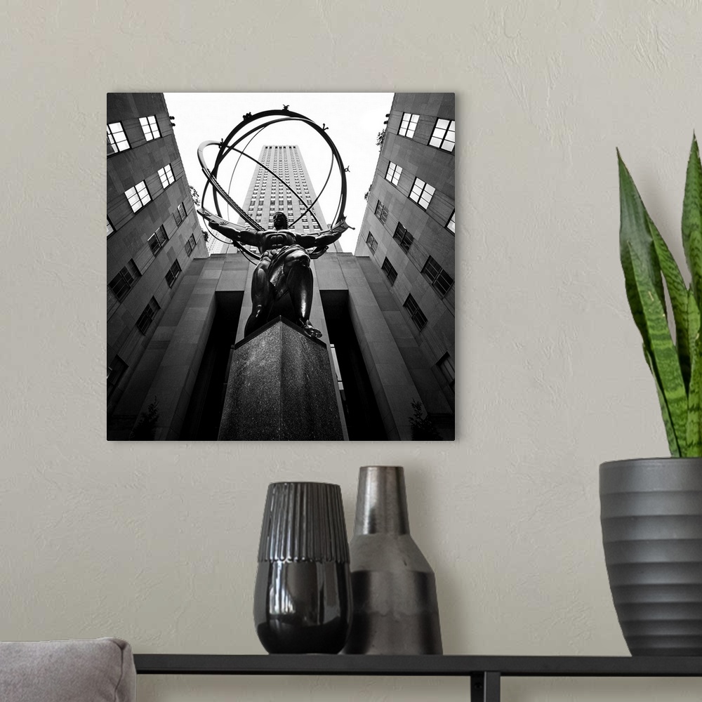 A modern room featuring NYC Rockefellar, black and white photography