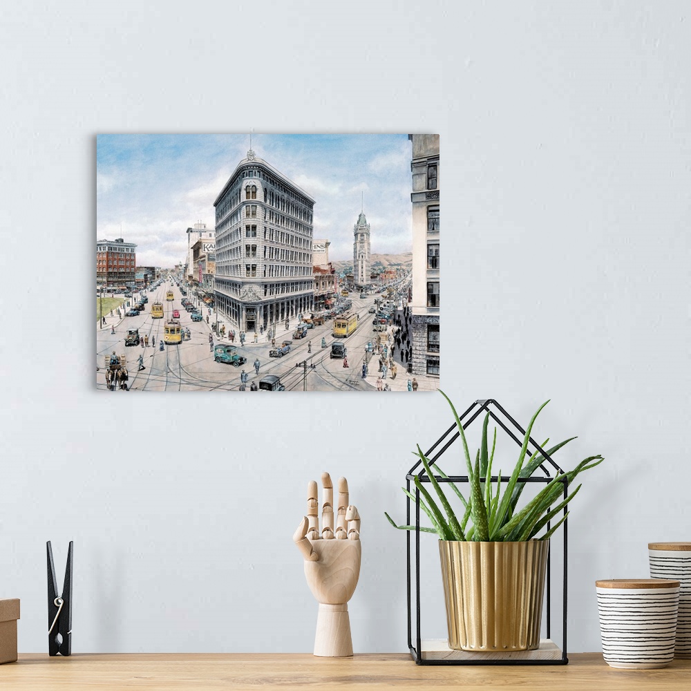 A bohemian room featuring Contemporary painting of a bustling street in Oakland.